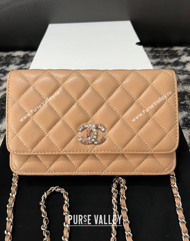 Chanel Lambskin Wallet On Chain WOC with Strass CC Beige 2024 A96071 (yezi-240518010)