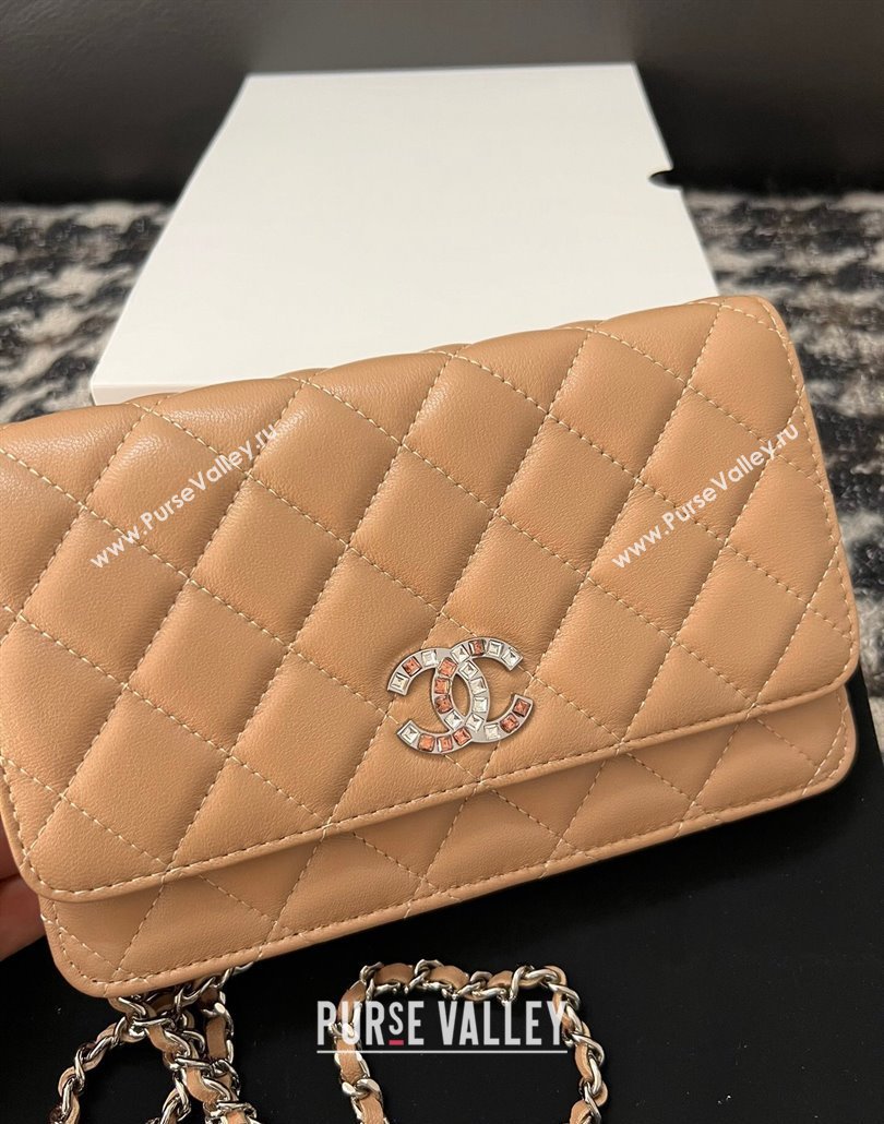 Chanel Lambskin Wallet On Chain WOC with Strass CC Beige 2024 A96071 (yezi-240518010)