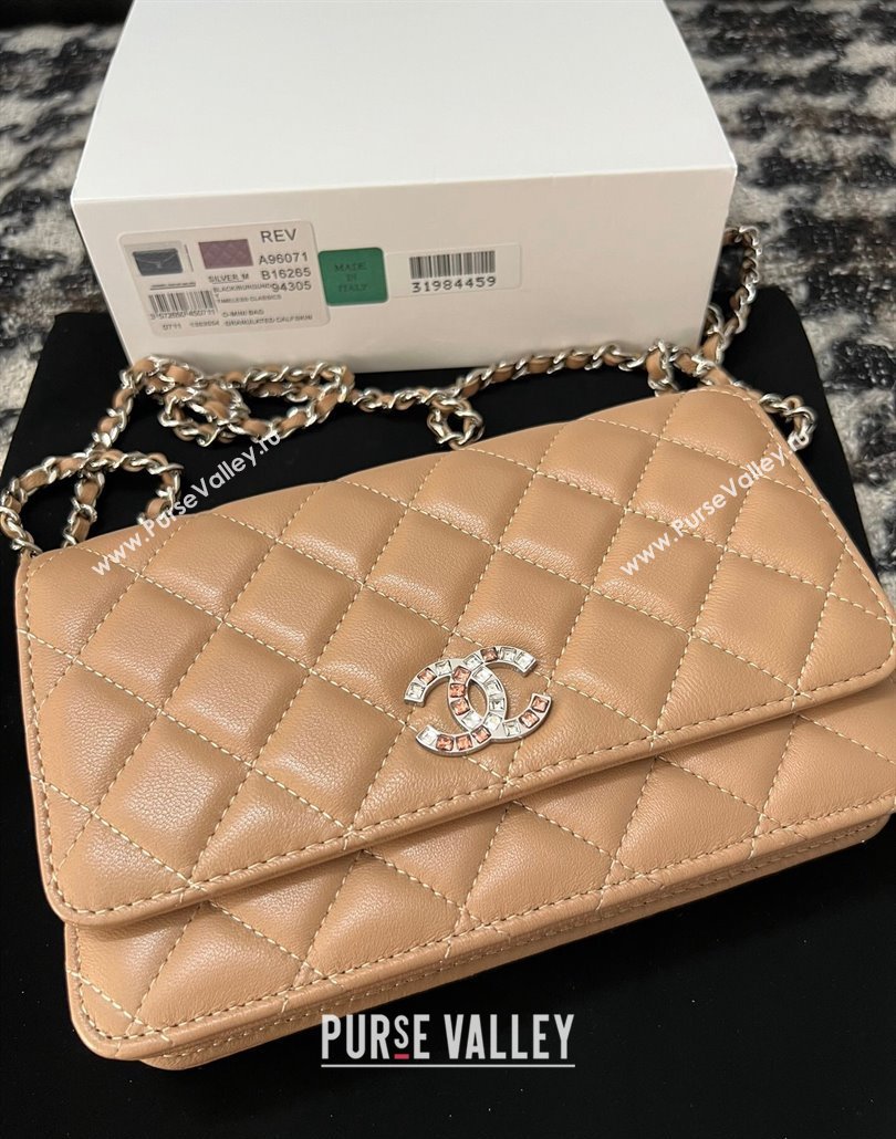 Chanel Lambskin Wallet On Chain WOC with Strass CC Beige 2024 A96071 (yezi-240518010)