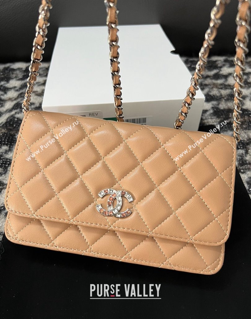 Chanel Lambskin Wallet On Chain WOC with Strass CC Beige 2024 A96071 (yezi-240518010)
