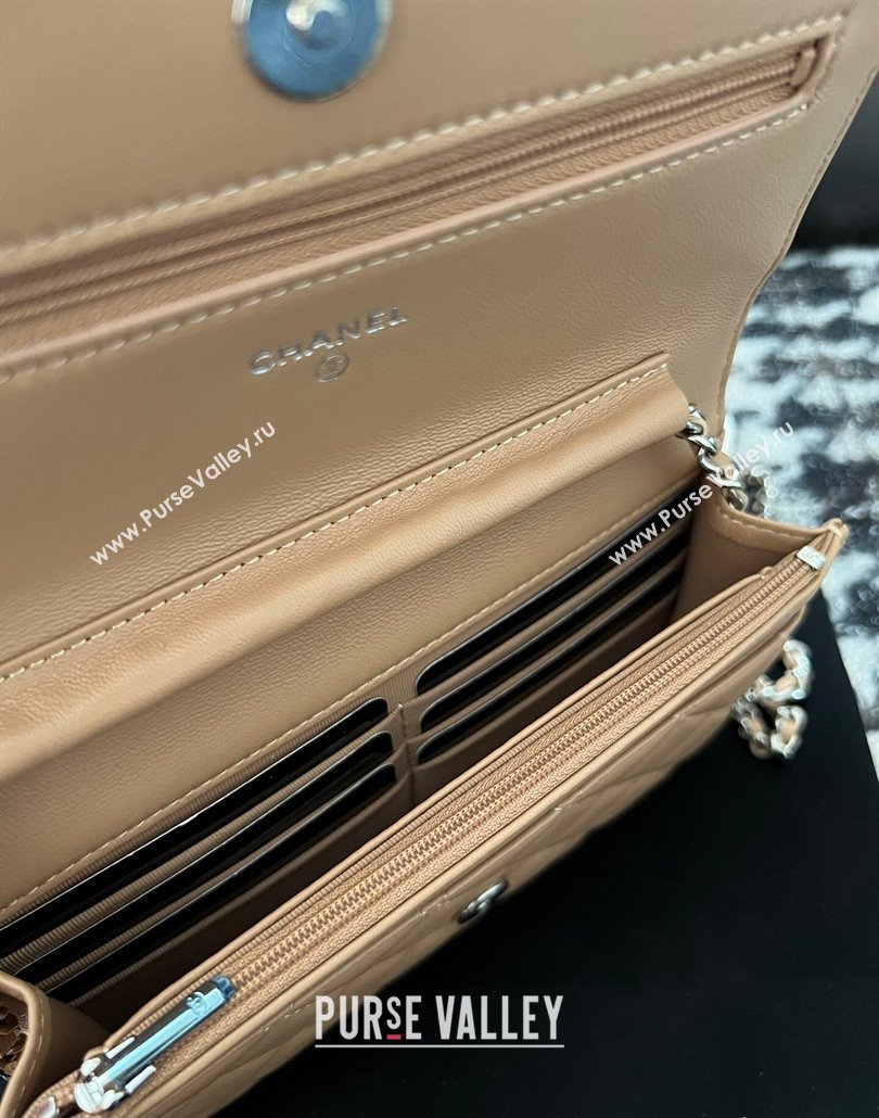 Chanel Lambskin Wallet On Chain WOC with Strass CC Beige 2024 A96071 (yezi-240518010)