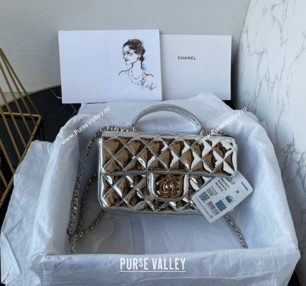 Chanel Patent Calfskin Mini Classic Flap bag with Top Handle AS2431 Silver 2024 (yezi-240518016)