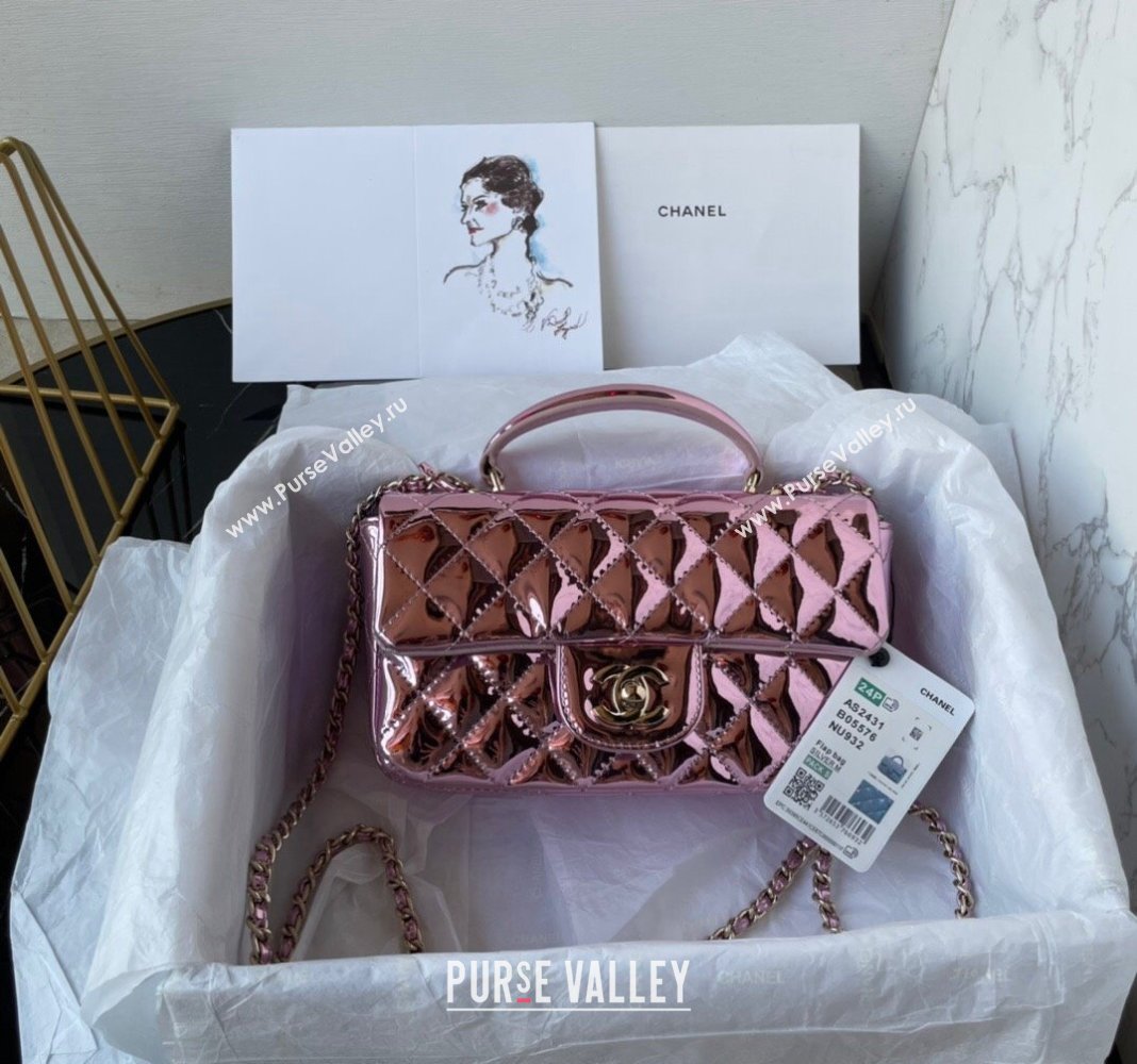 Chanel Patent Calfskin Mini Classic Flap bag with Top Handle AS2431 Pink 2 2024 (yezi-240518017)