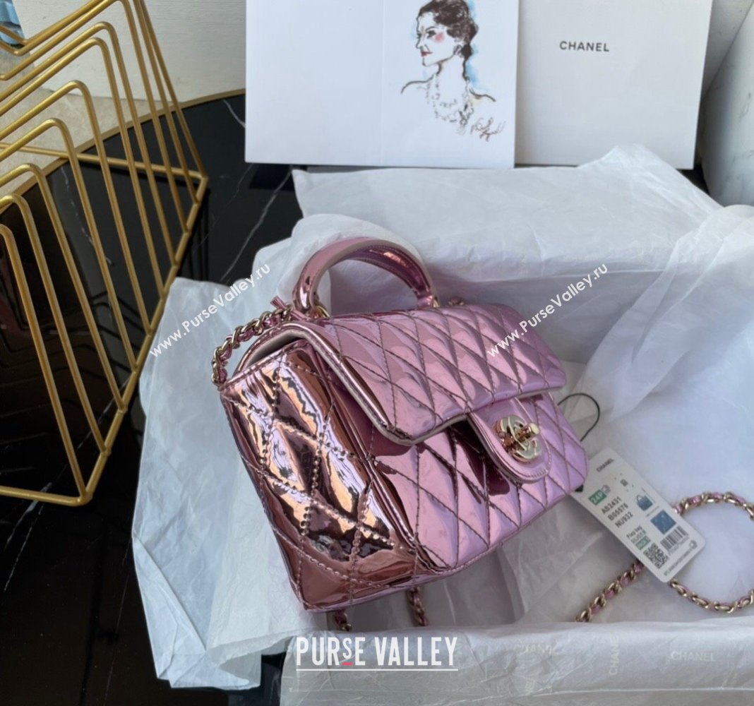 Chanel Patent Calfskin Mini Classic Flap bag with Top Handle AS2431 Pink 2 2024 (yezi-240518017)