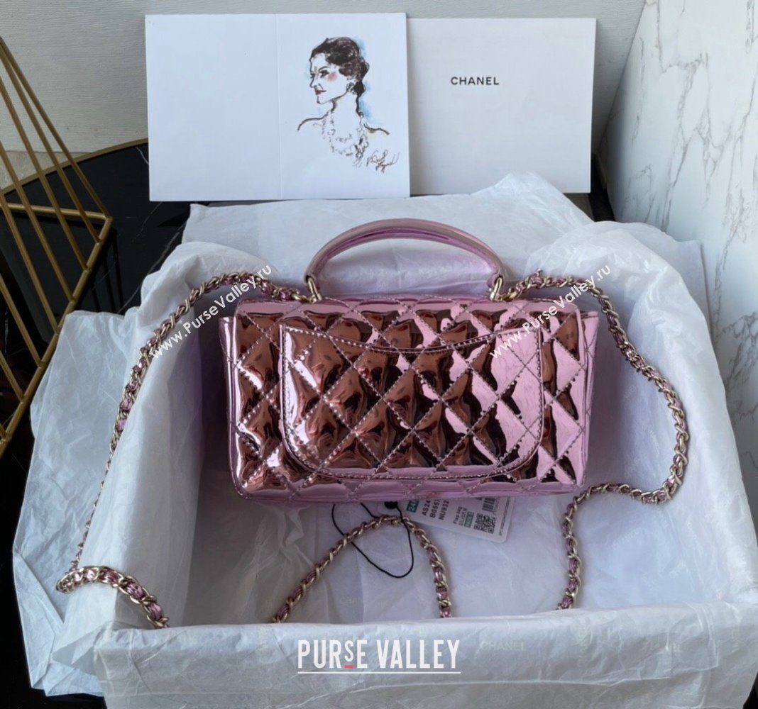 Chanel Patent Calfskin Mini Classic Flap bag with Top Handle AS2431 Pink 2 2024 (yezi-240518017)