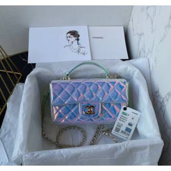 Chanel Iridescent Patent Calfskin Mini Classic Flap bag with Top Handle AS2431 Green 2024 (yezi-240518019)
