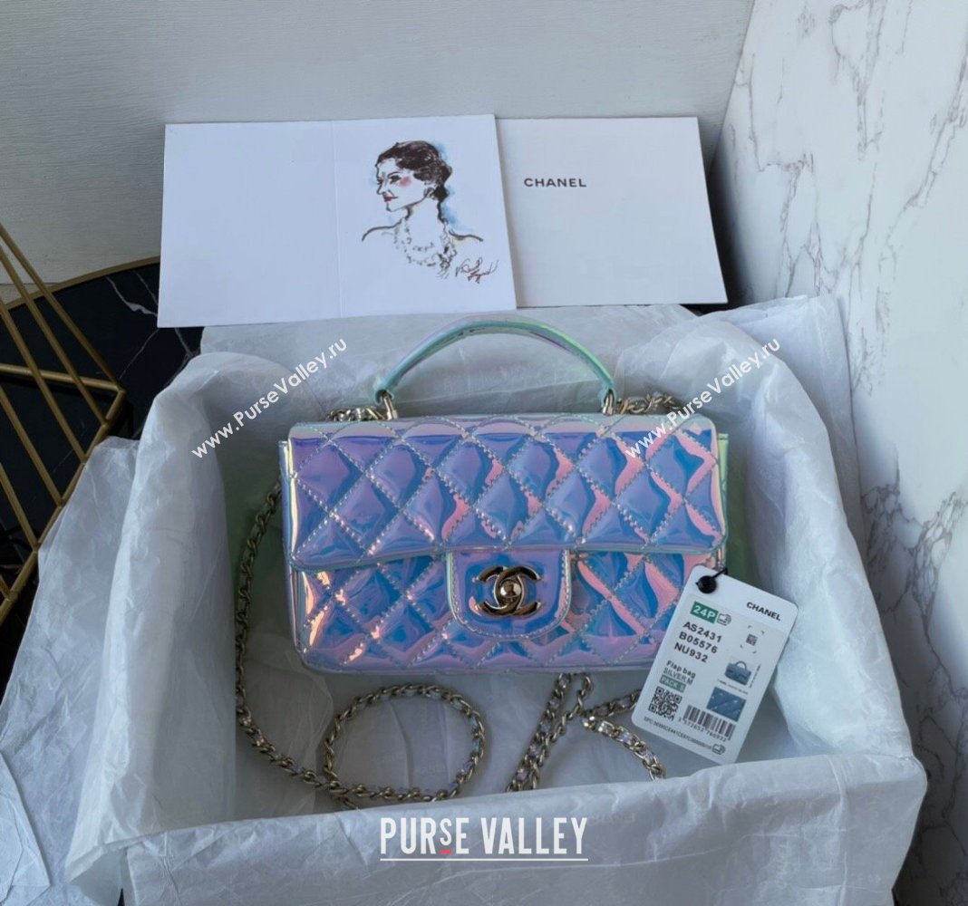 Chanel Iridescent Patent Calfskin Mini Classic Flap bag with Top Handle AS2431 Green 2024 (yezi-240518019)