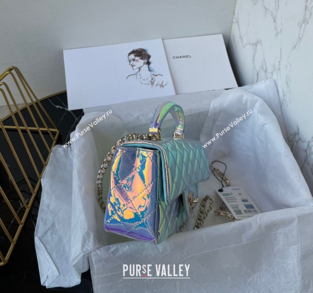 Chanel Iridescent Patent Calfskin Mini Classic Flap bag with Top Handle AS2431 Green 2024 (yezi-240518019)