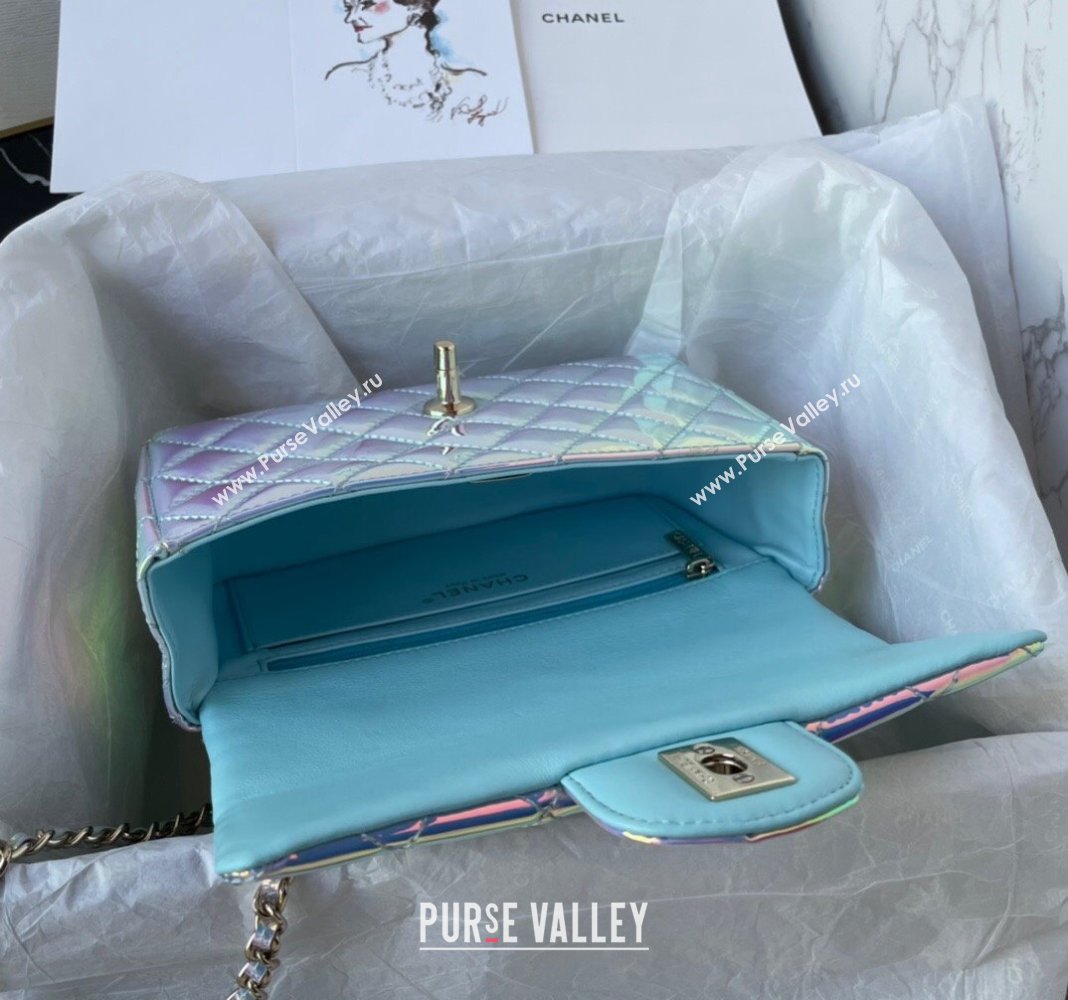 Chanel Iridescent Patent Calfskin Mini Classic Flap bag with Top Handle AS2431 Green 2024 (yezi-240518019)