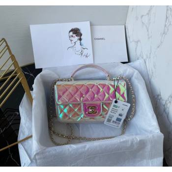 Chanel Iridescent Patent Calfskin Mini Classic Flap bag with Top Handle AS2431 Pink 2024 (yezi-240518021)
