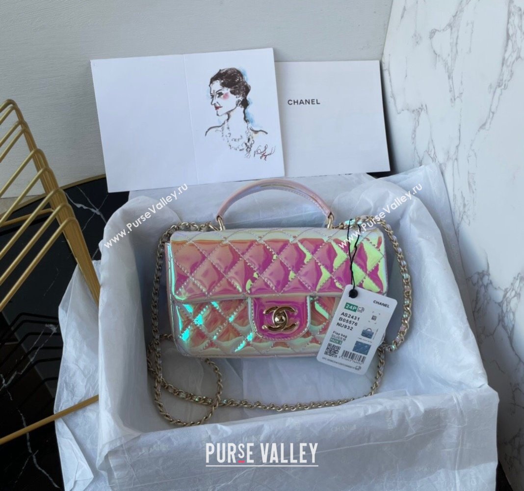 Chanel Iridescent Patent Calfskin Mini Classic Flap bag with Top Handle AS2431 Pink 2024 (yezi-240518021)