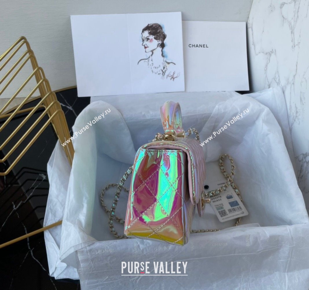 Chanel Iridescent Patent Calfskin Mini Classic Flap bag with Top Handle AS2431 Pink 2024 (yezi-240518021)