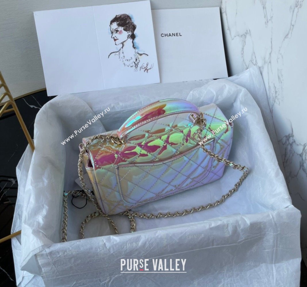 Chanel Iridescent Patent Calfskin Mini Classic Flap bag with Top Handle AS2431 Pink 2024 (yezi-240518021)