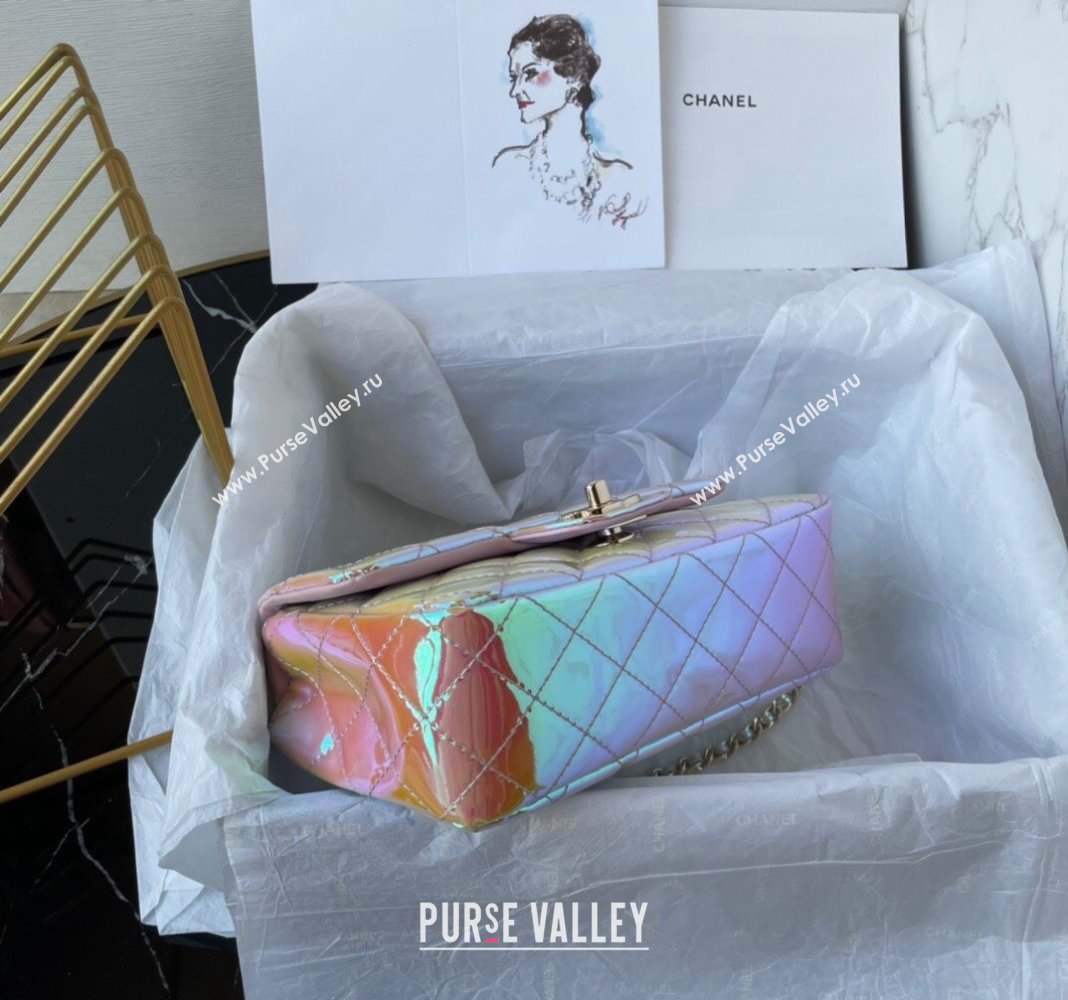 Chanel Iridescent Patent Calfskin Mini Classic Flap bag with Top Handle AS2431 Pink 2024 (yezi-240518021)