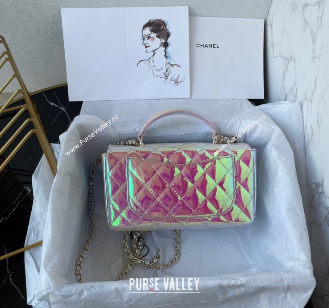 Chanel Iridescent Patent Calfskin Mini Classic Flap bag with Top Handle AS2431 Pink 2024 (yezi-240518021)