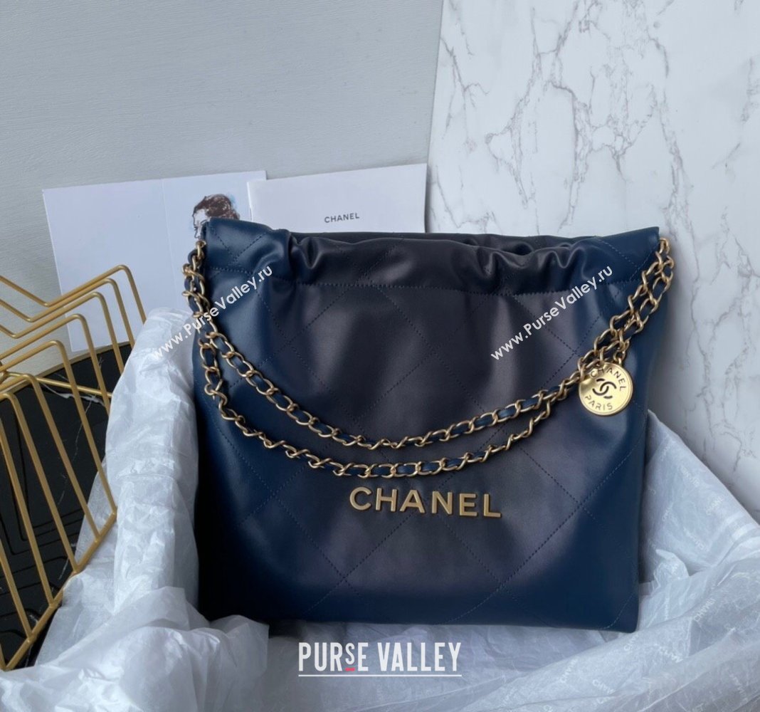 Chanel 22 Shiny Calfskin Small Shopping Bag AS3260 Navy Blue 2024 0517 (yezi-240517026)