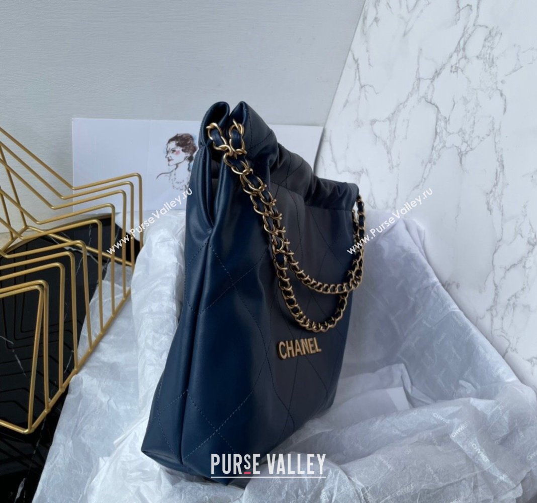 Chanel 22 Shiny Calfskin Small Shopping Bag AS3260 Navy Blue 2024 0517 (yezi-240517026)
