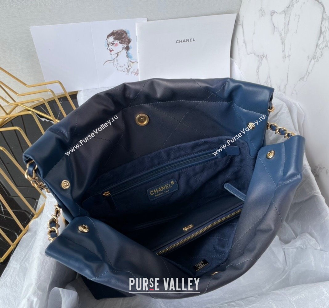 Chanel 22 Shiny Calfskin Small Shopping Bag AS3260 Navy Blue 2024 0517 (yezi-240517026)