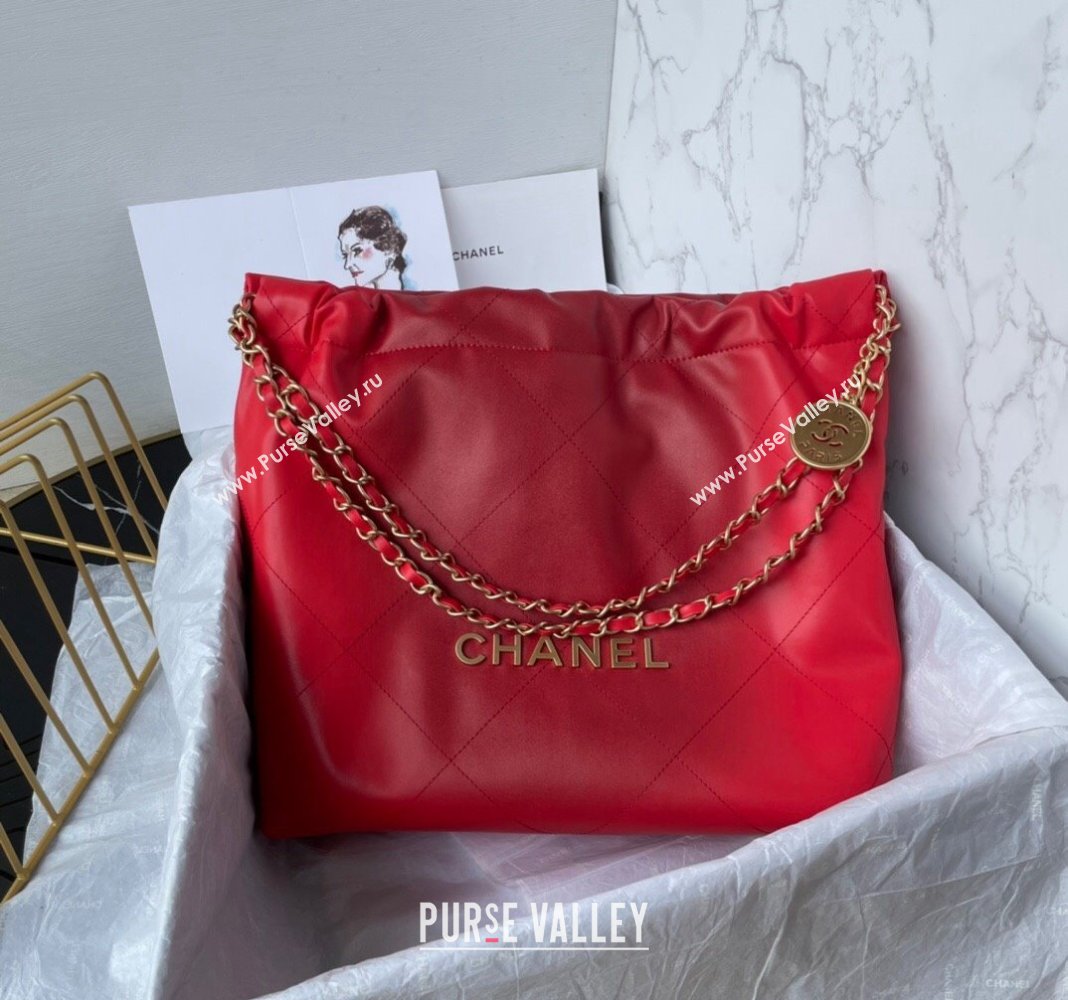 Chanel 22 Shiny Calfskin Small Shopping Bag AS3260 Red 2024 0517 (yezi-240517028)