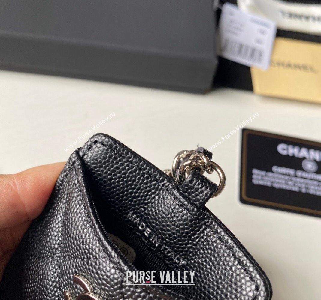 Chanel Grained Calfskin Card Holder with Neck Strap A81110 Black/Silver 2024 (yezi-240518035)