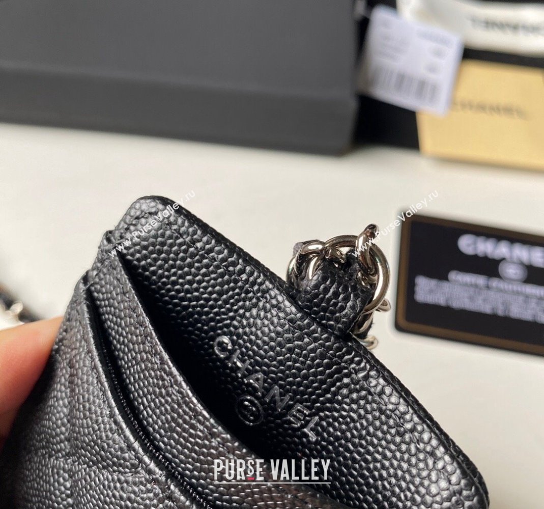 Chanel Grained Calfskin Card Holder with Neck Strap A81110 Black/Silver 2024 (yezi-240518035)