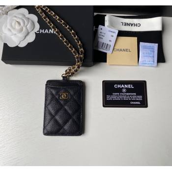 Chanel Grained Calfskin Card Holder with Neck Strap A81110 Black/Gold 2024 (yezi-240518036)