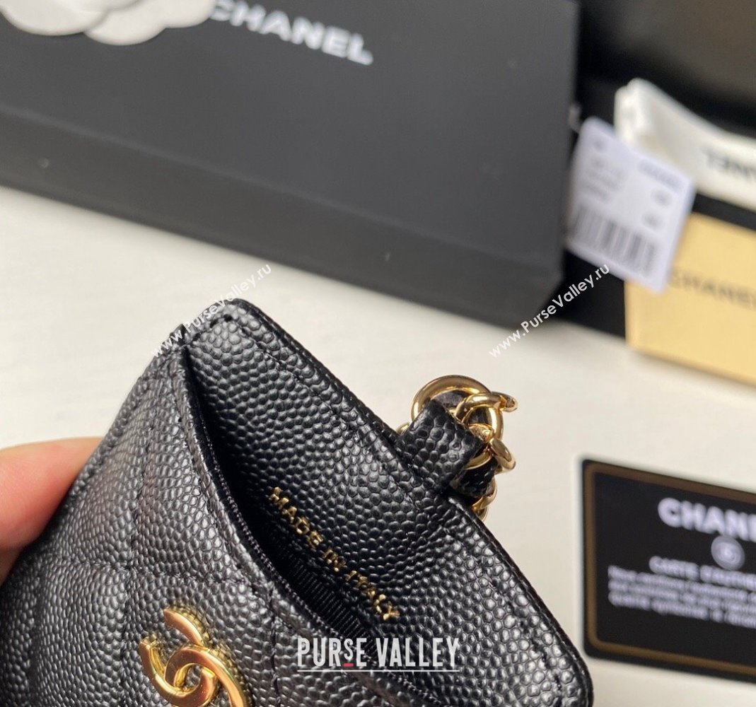 Chanel Grained Calfskin Card Holder with Neck Strap A81110 Black/Gold 2024 (yezi-240518036)