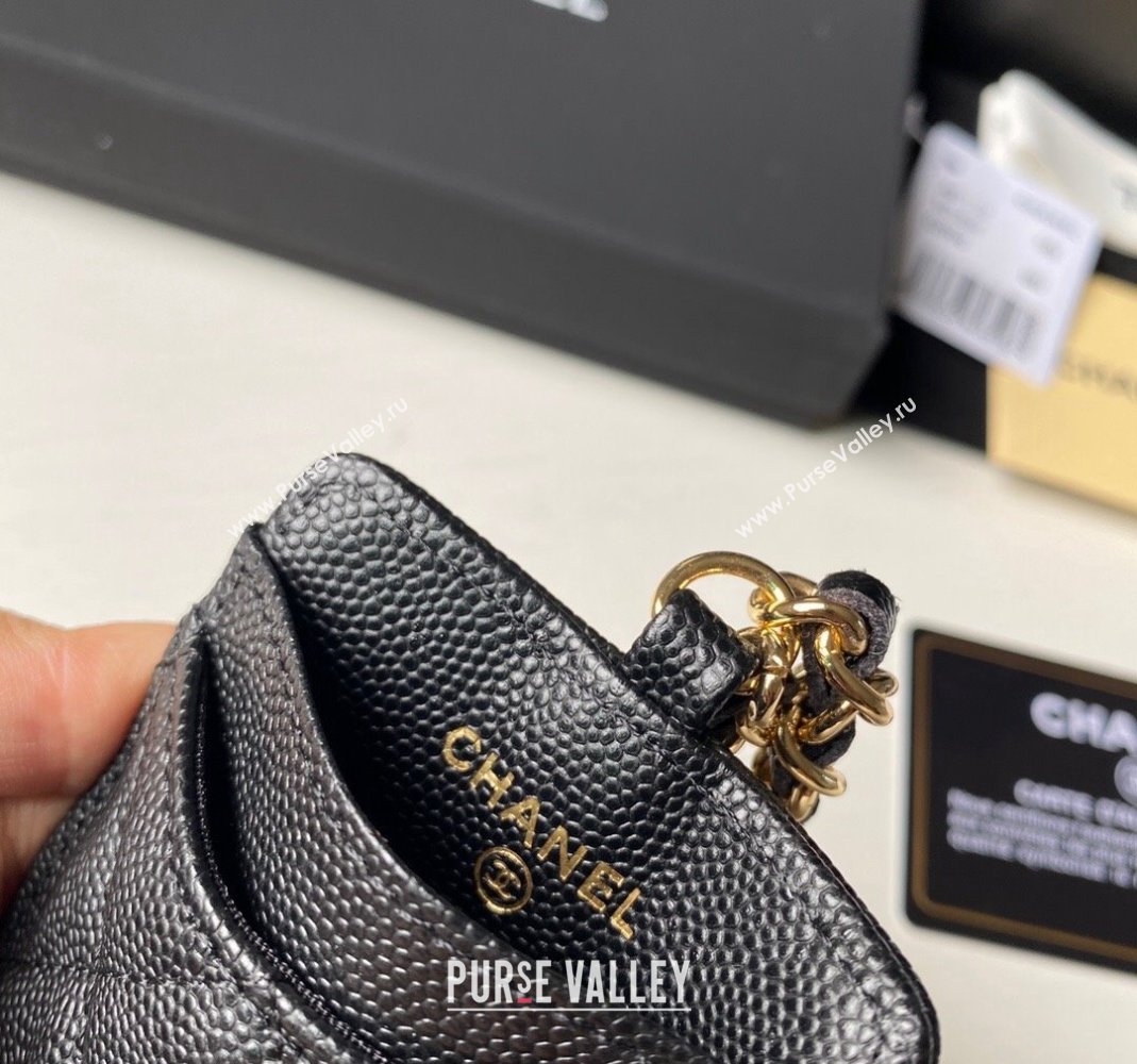 Chanel Grained Calfskin Card Holder with Neck Strap A81110 Black/Gold 2024 (yezi-240518036)