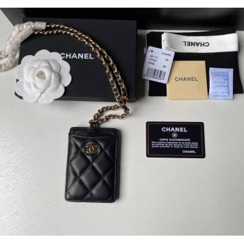 Chanel Lambskin Card Holder with Neck Strap A81110 Black/Gold 2024 (yezi-240518037)