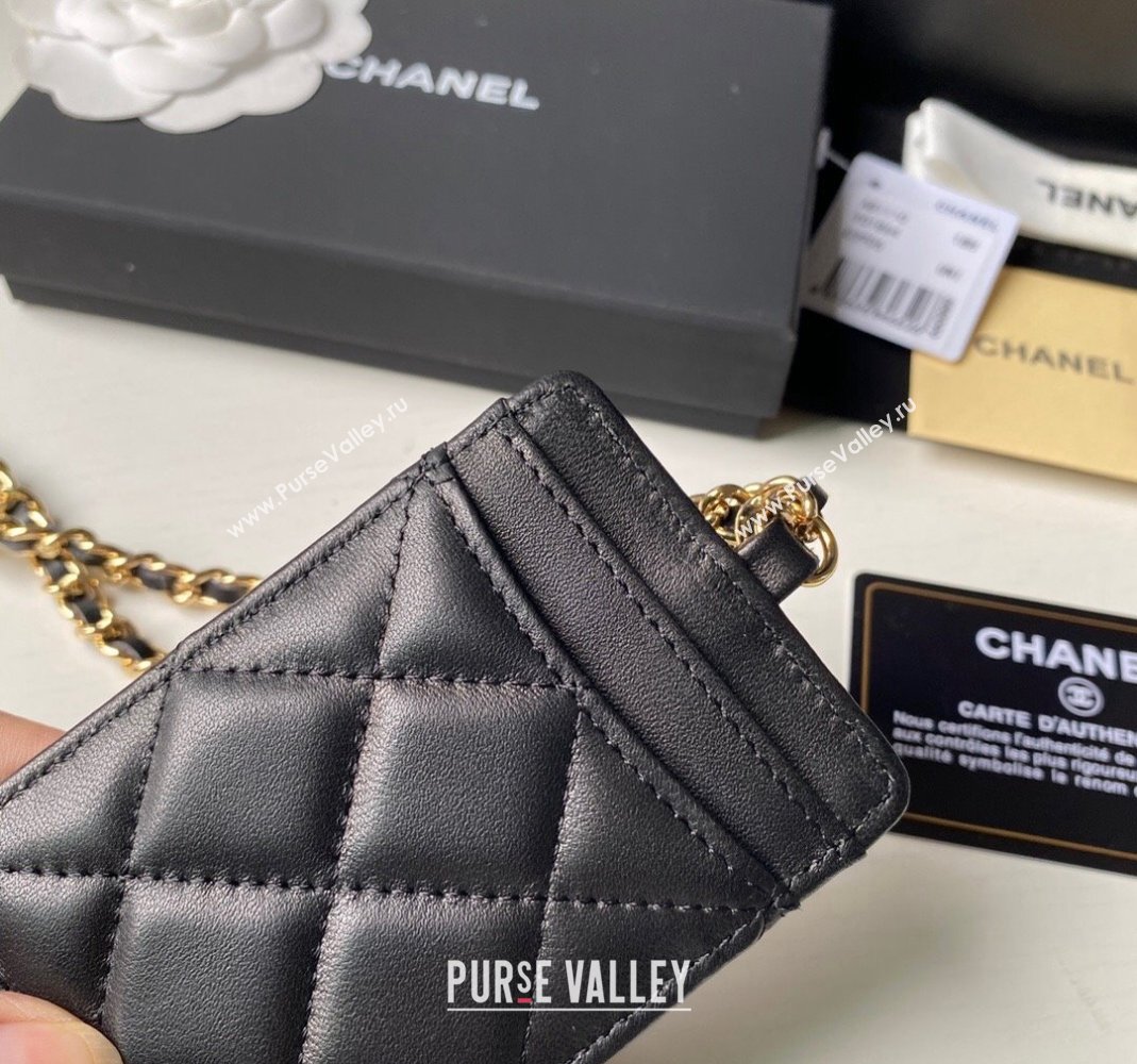 Chanel Lambskin Card Holder with Neck Strap A81110 Black/Gold 2024 (yezi-240518037)