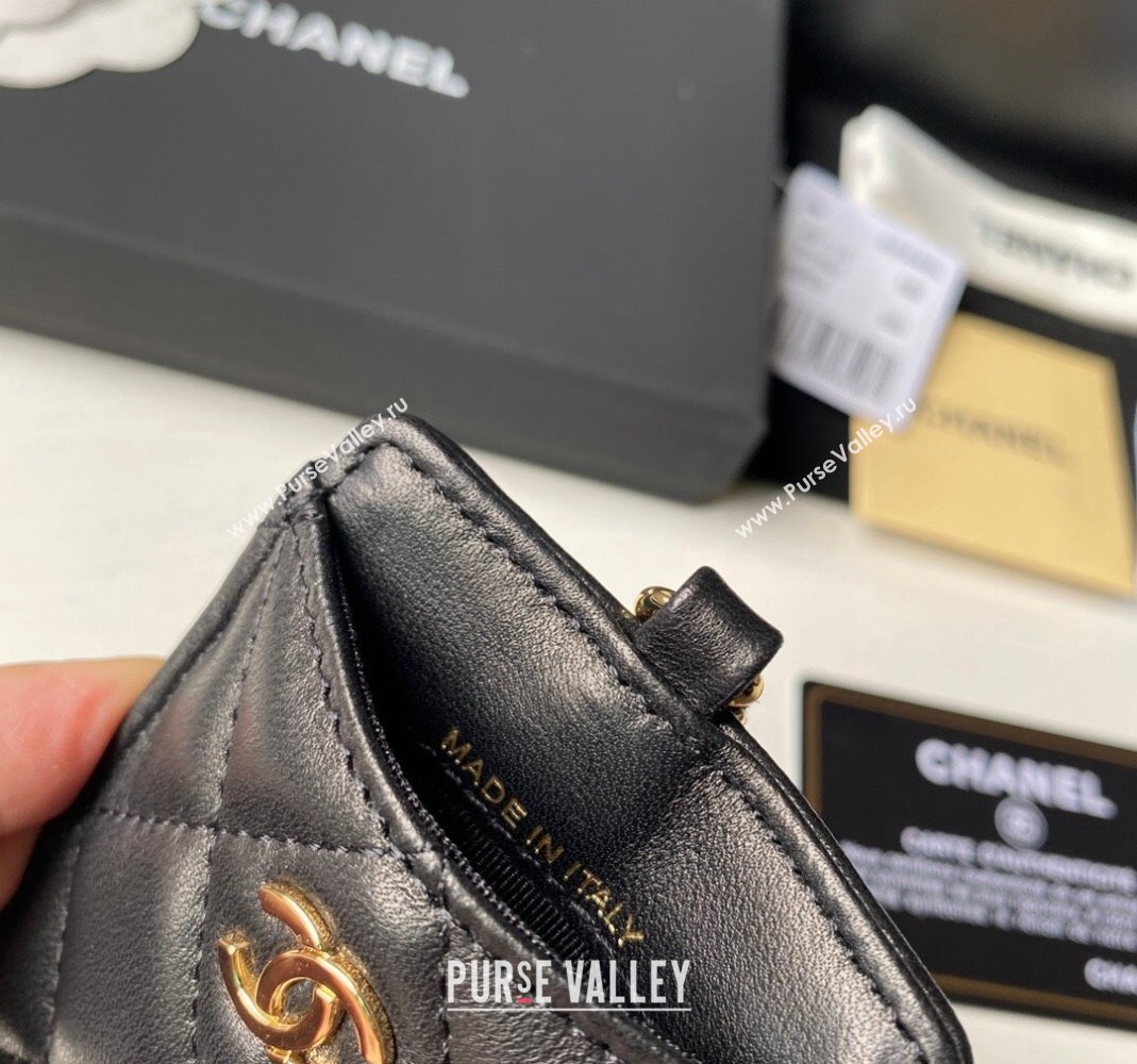 Chanel Lambskin Card Holder with Neck Strap A81110 Black/Gold 2024 (yezi-240518037)
