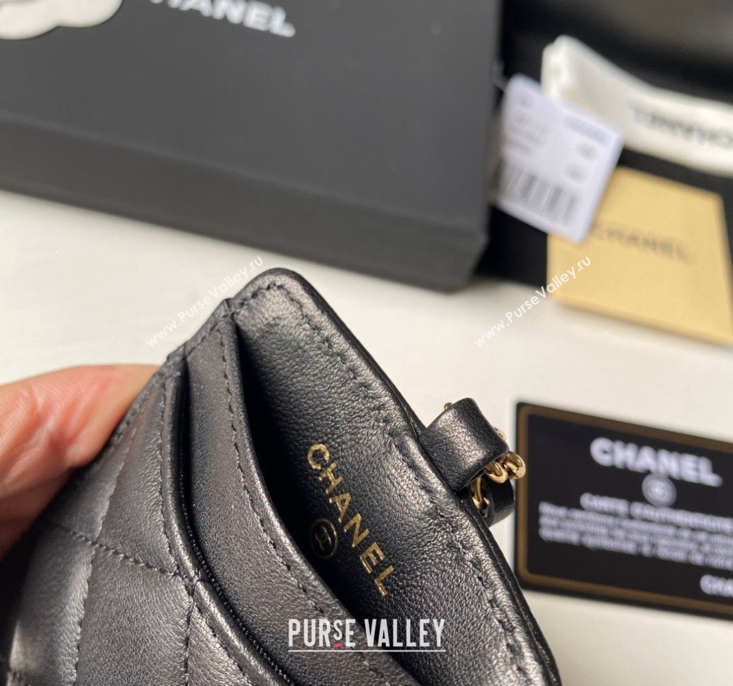 Chanel Lambskin Card Holder with Neck Strap A81110 Black/Gold 2024 (yezi-240518037)