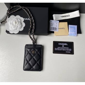Chanel Lambskin Card Holder with Neck Strap A81110 Black/Silver 2024 (yezi-240518038)