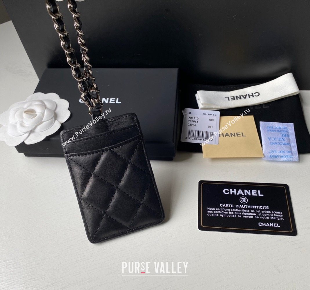 Chanel Lambskin Card Holder with Neck Strap A81110 Black/Silver 2024 (yezi-240518038)