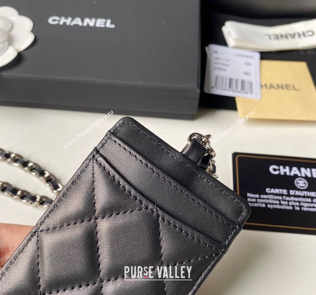Chanel Lambskin Card Holder with Neck Strap A81110 Black/Silver 2024 (yezi-240518038)