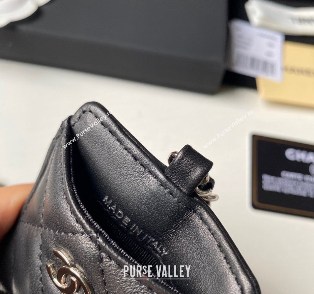 Chanel Lambskin Card Holder with Neck Strap A81110 Black/Silver 2024 (yezi-240518038)