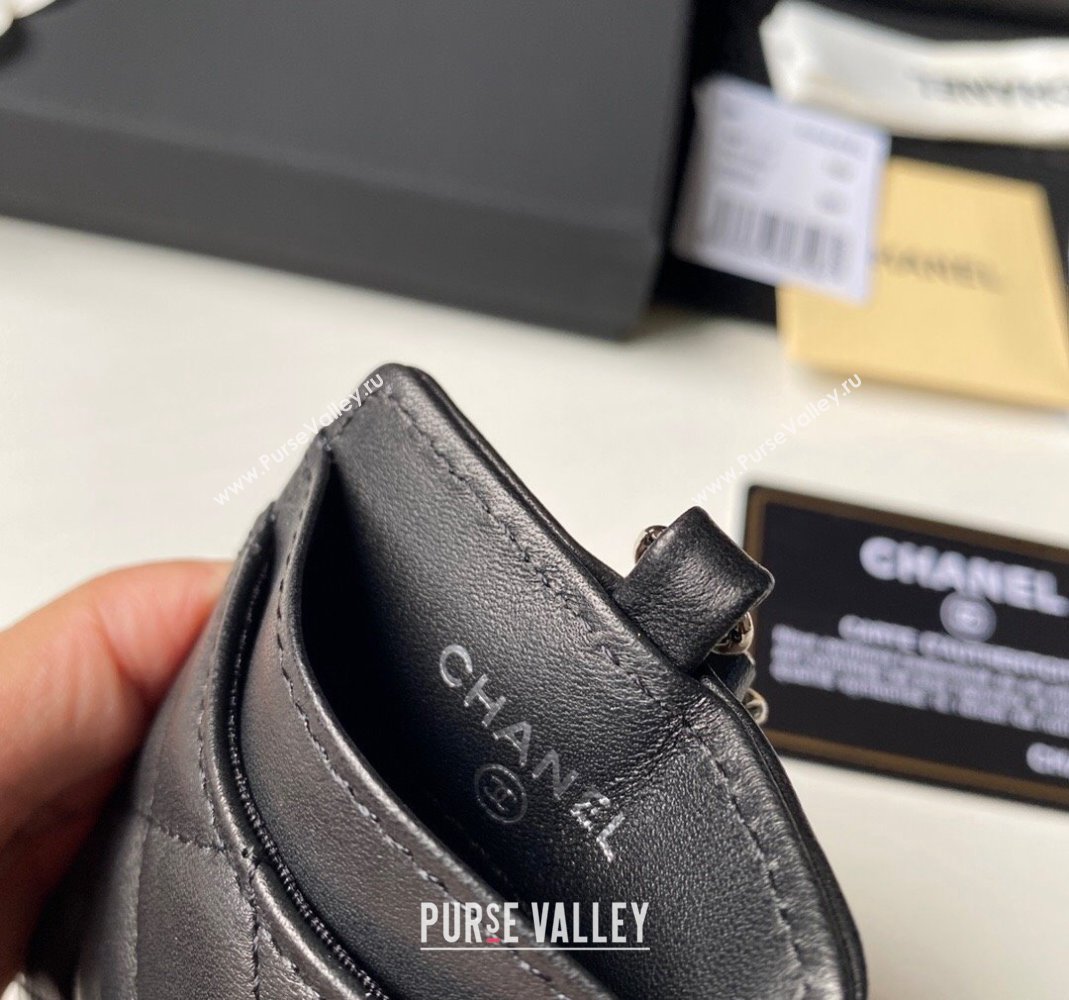 Chanel Lambskin Card Holder with Neck Strap A81110 Black/Silver 2024 (yezi-240518038)