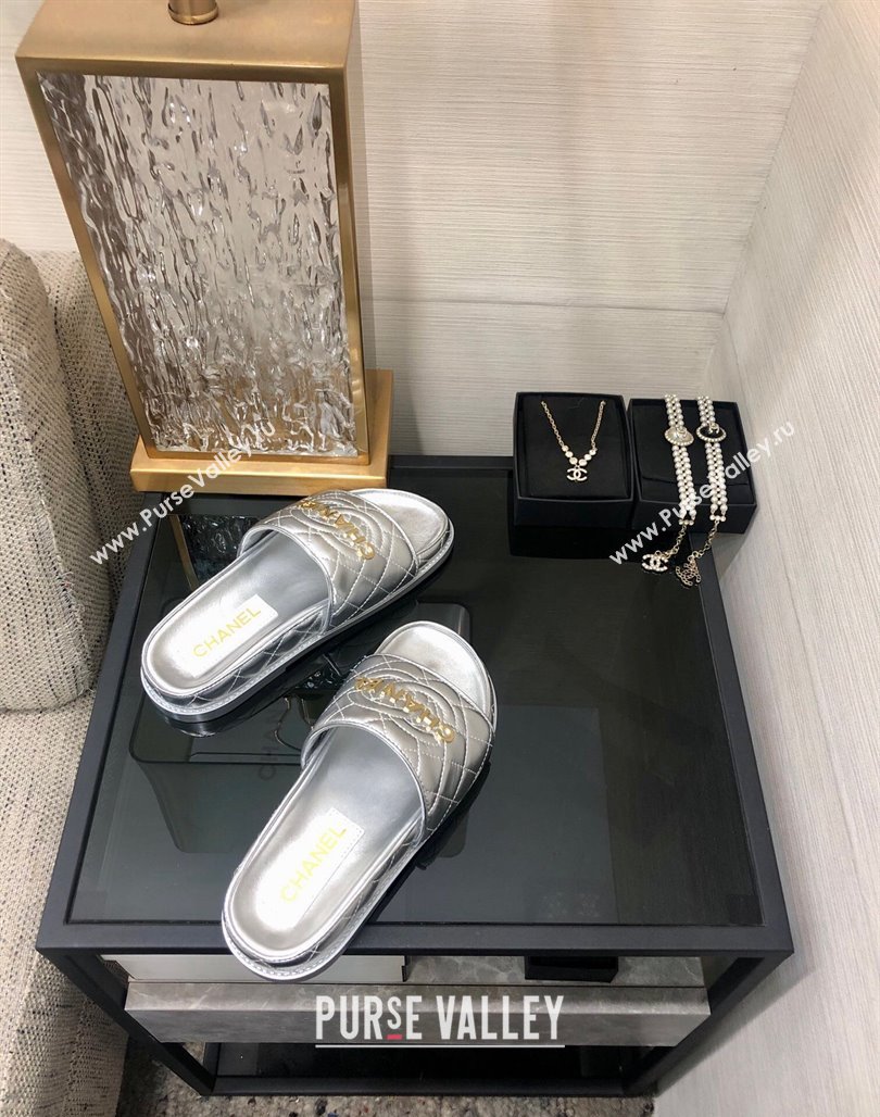 Chanel Quilted Lambskin Flat Slide Sandals with CC and Signature Silver 2024 (MD-240601007)