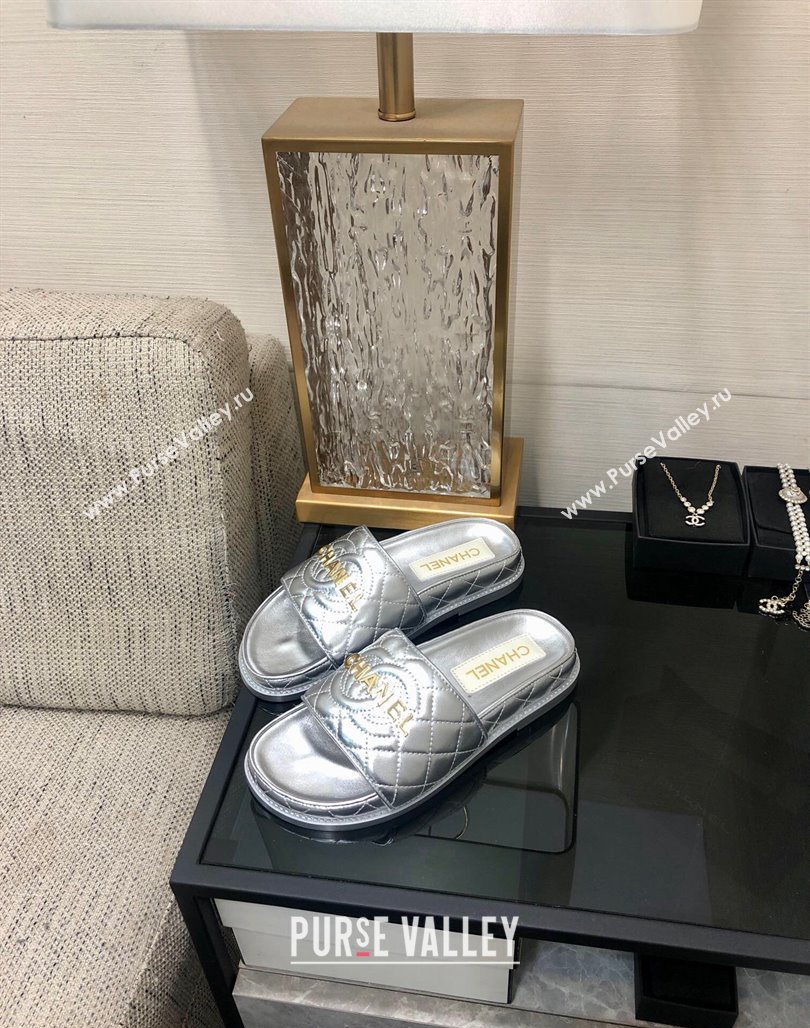 Chanel Quilted Lambskin Flat Slide Sandals with CC and Signature Silver 2024 (MD-240601007)