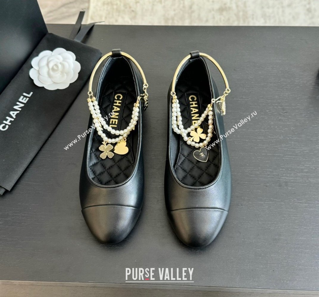 Chanel Lambskin Ballet Flats with Pearls Anklet Black 2024 0603 (KL-240603002)