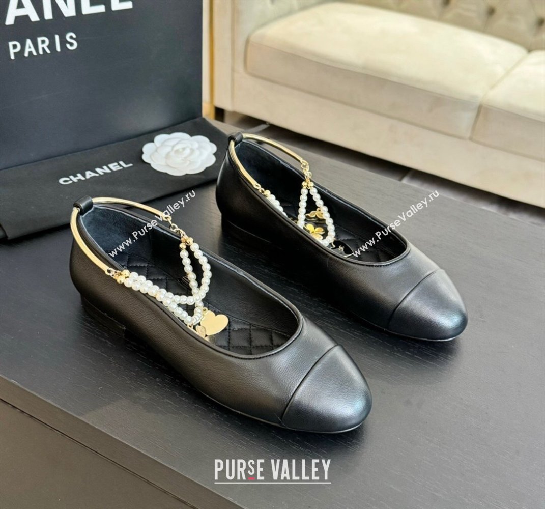 Chanel Lambskin Ballet Flats with Pearls Anklet Black 2024 0603 (KL-240603002)