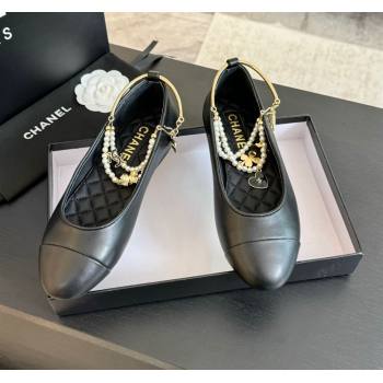 Chanel Lambskin Ballet Flats with Pearls Anklet Black 2024 0603 (KL-240603002)