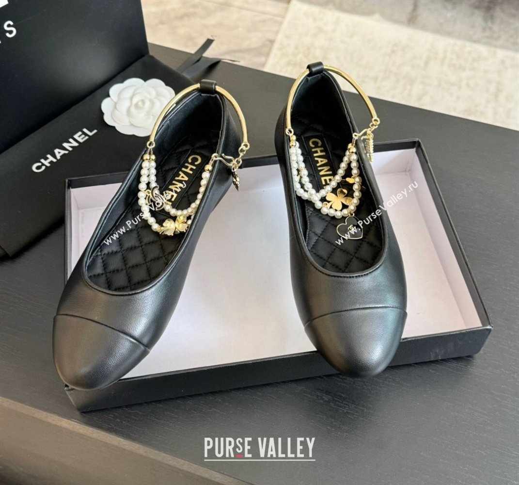 Chanel Lambskin Ballet Flats with Pearls Anklet Black 2024 0603 (KL-240603002)