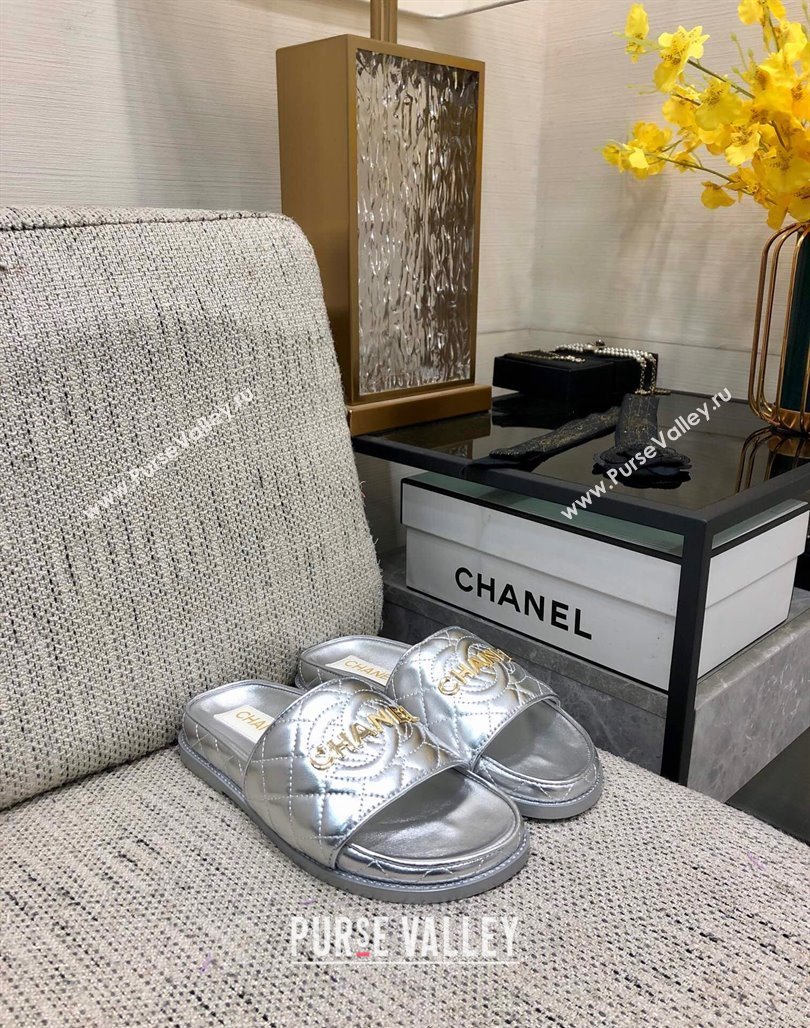 Chanel Quilted Lambskin Flat Slide Sandals with CC and Signature Silver 2024 (MD-240601007)