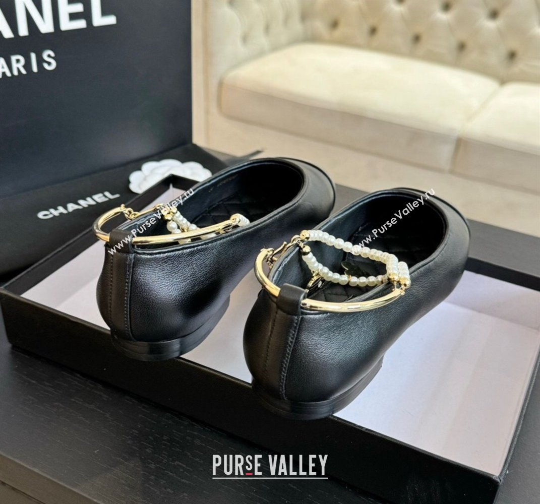 Chanel Lambskin Ballet Flats with Pearls Anklet Black 2024 0603 (KL-240603002)