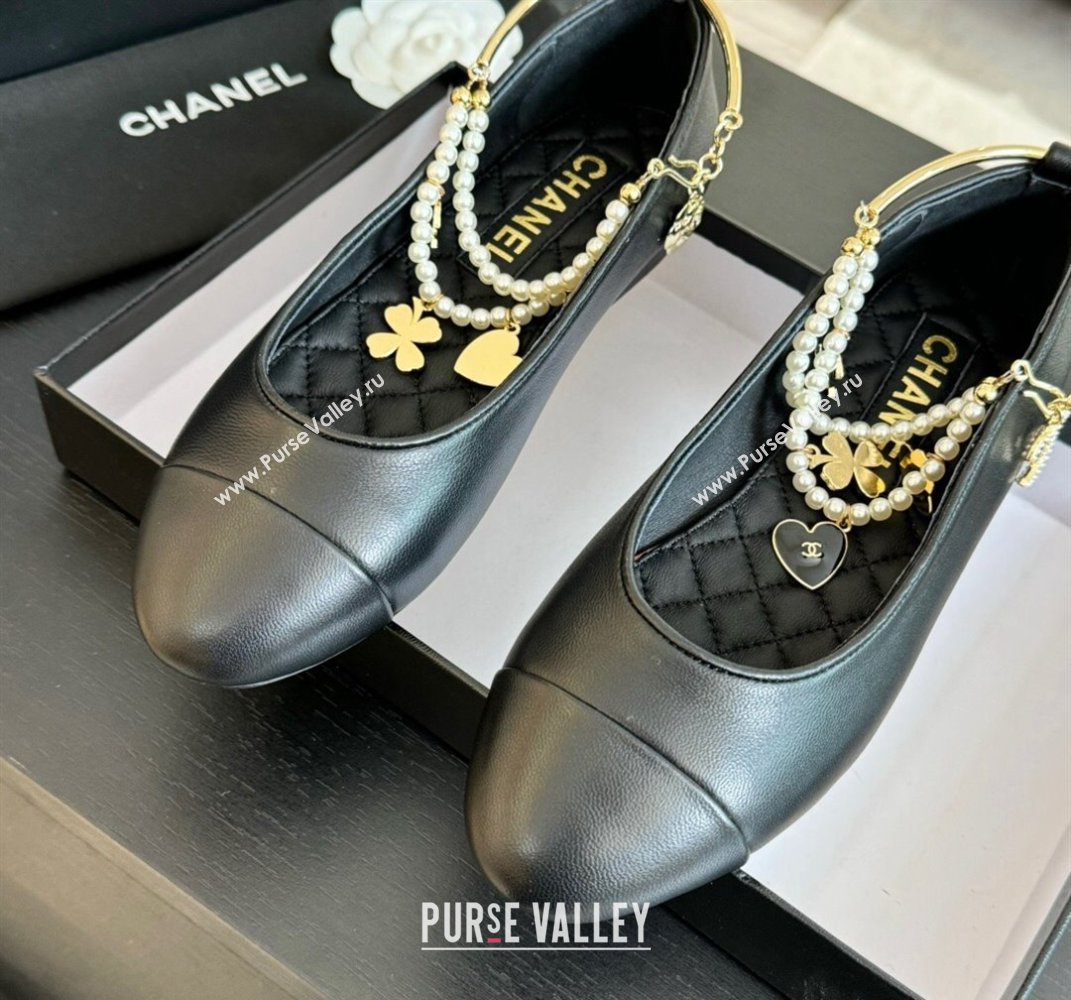 Chanel Lambskin Ballet Flats with Pearls Anklet Black 2024 0603 (KL-240603002)