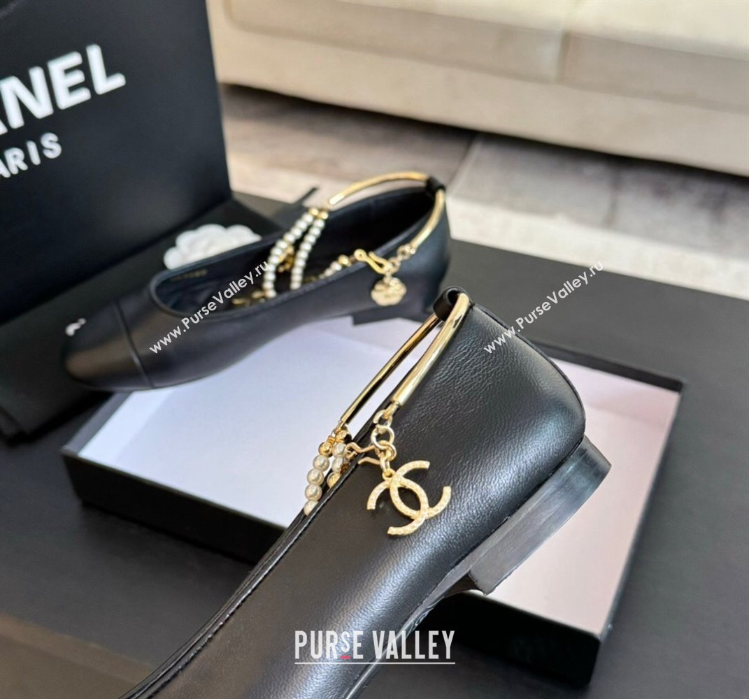 Chanel Lambskin Ballet Flats with Pearls Anklet Black 2024 0603 (KL-240603002)