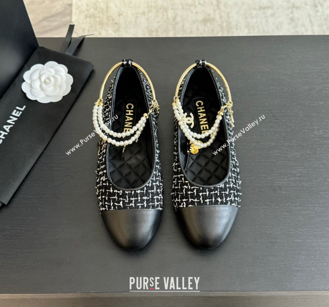 Chanel Tweed Ballet Flats with Pearls Anklet Black 2024 0603 (KL-240603003)