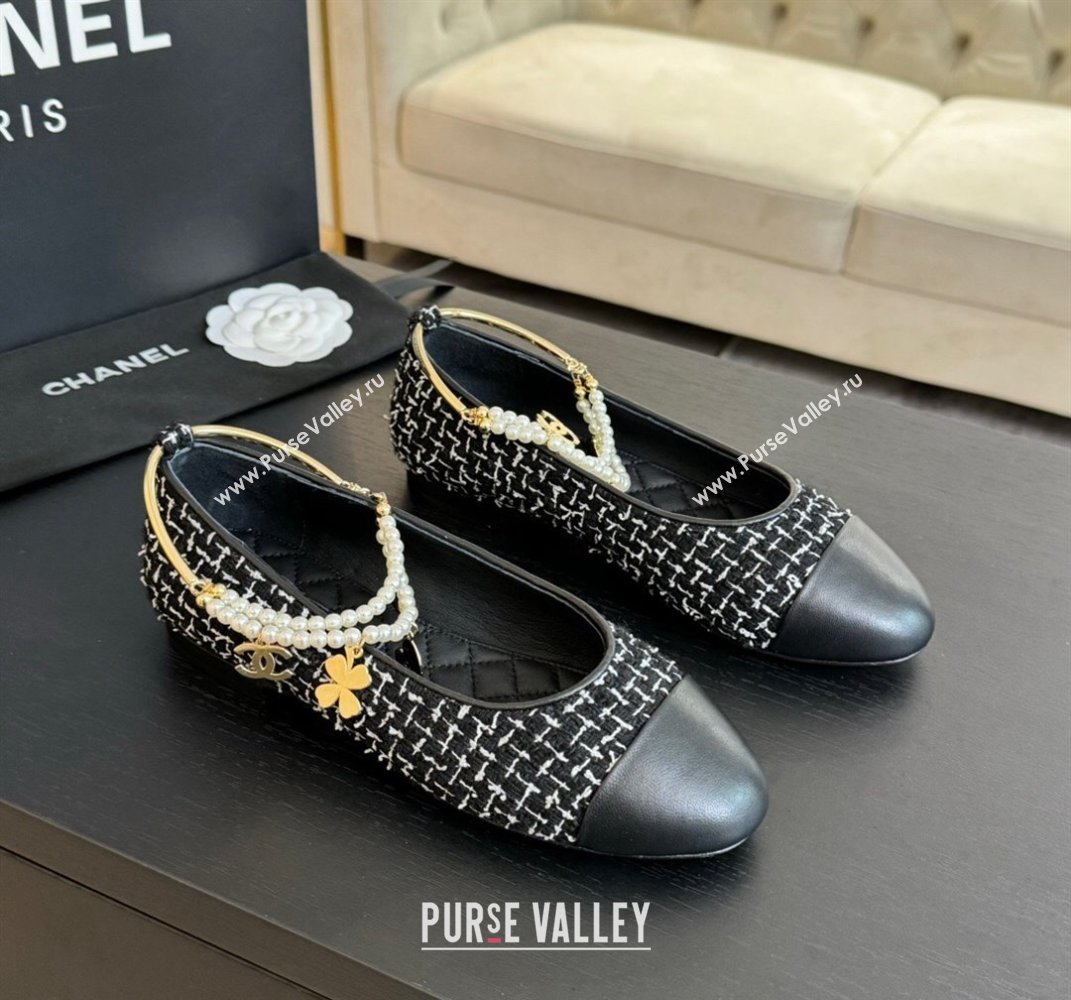 Chanel Tweed Ballet Flats with Pearls Anklet Black 2024 0603 (KL-240603003)