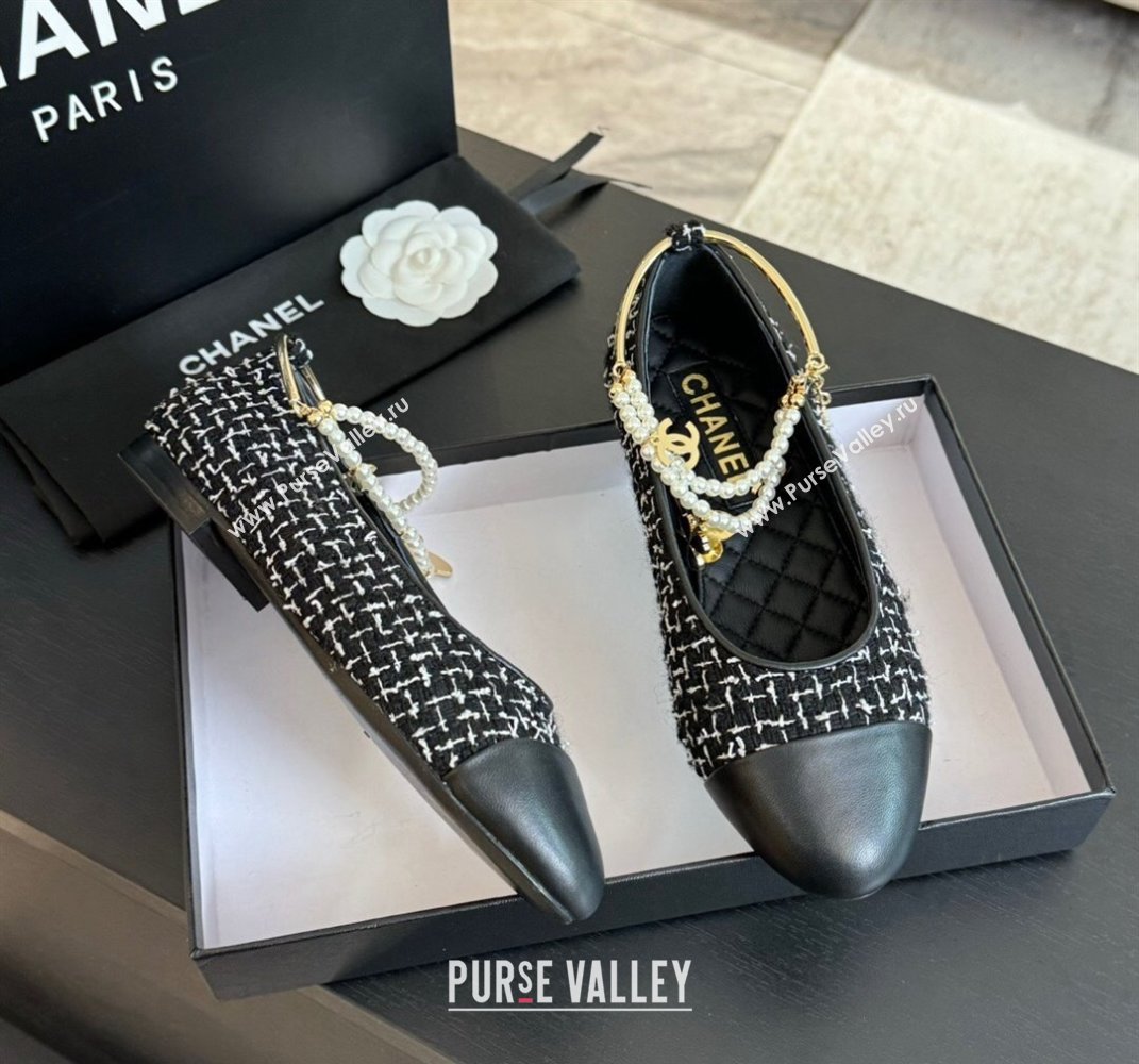 Chanel Tweed Ballet Flats with Pearls Anklet Black 2024 0603 (KL-240603003)